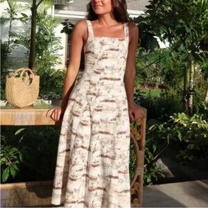 Abercrombie & Fitch Mila Stretch Midi Dress Light Brown Pattern Beach Ocean Sz M